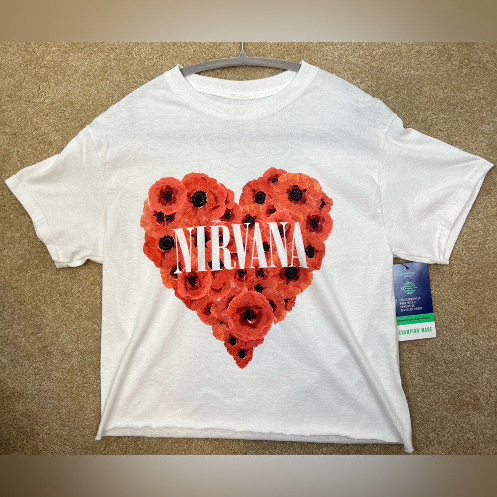 Champion White Crop Top with Red Poppy Heart and White Nirvana Logo